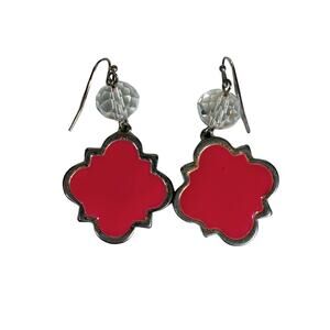 Silver Tone Pink and Faceted Crystal Earrings Hook Vintage Retro 80s Quatrefoil